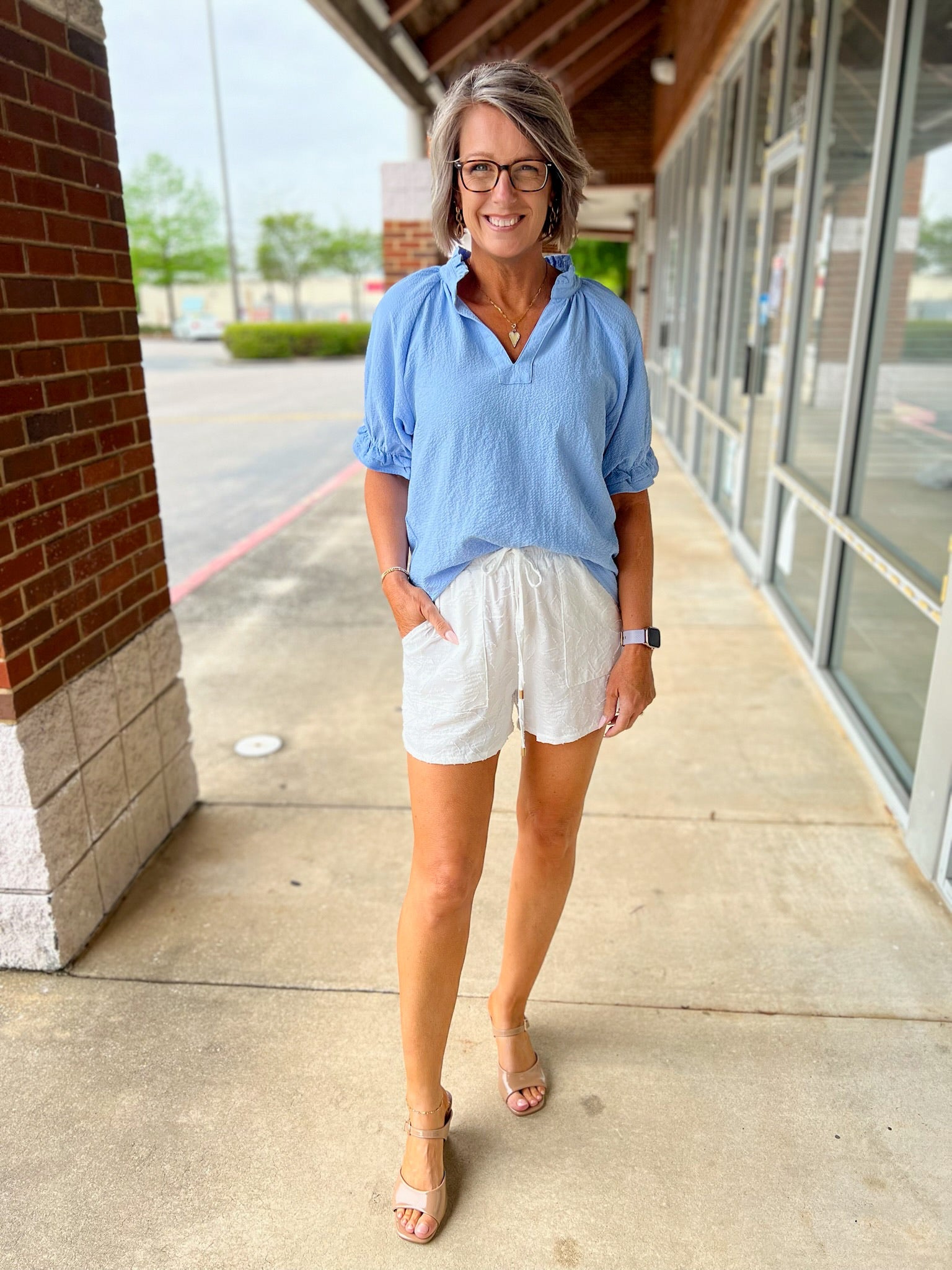 Misty Blue Seersucker V - Neck Top with Ruffled Bubble Sleeves - A'Bekah's Boutique