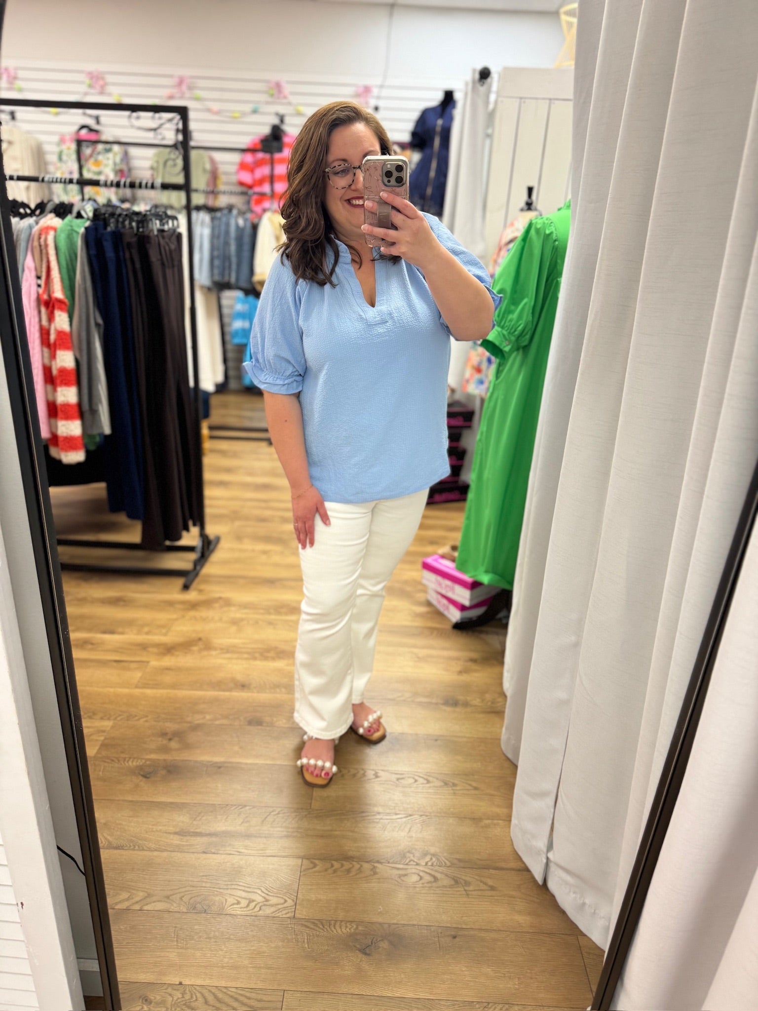 Misty Blue Seersucker V - Neck Top with Ruffled Bubble Sleeves - A'Bekah's Boutique