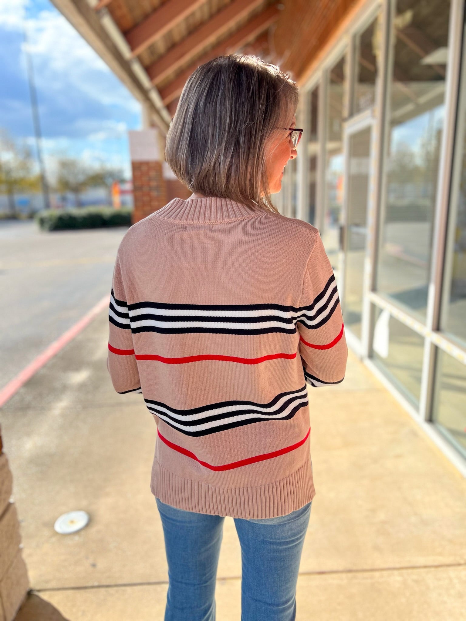Mocha Striped Long Sleeve Crewneck Sweater - A'Bekah's Boutique