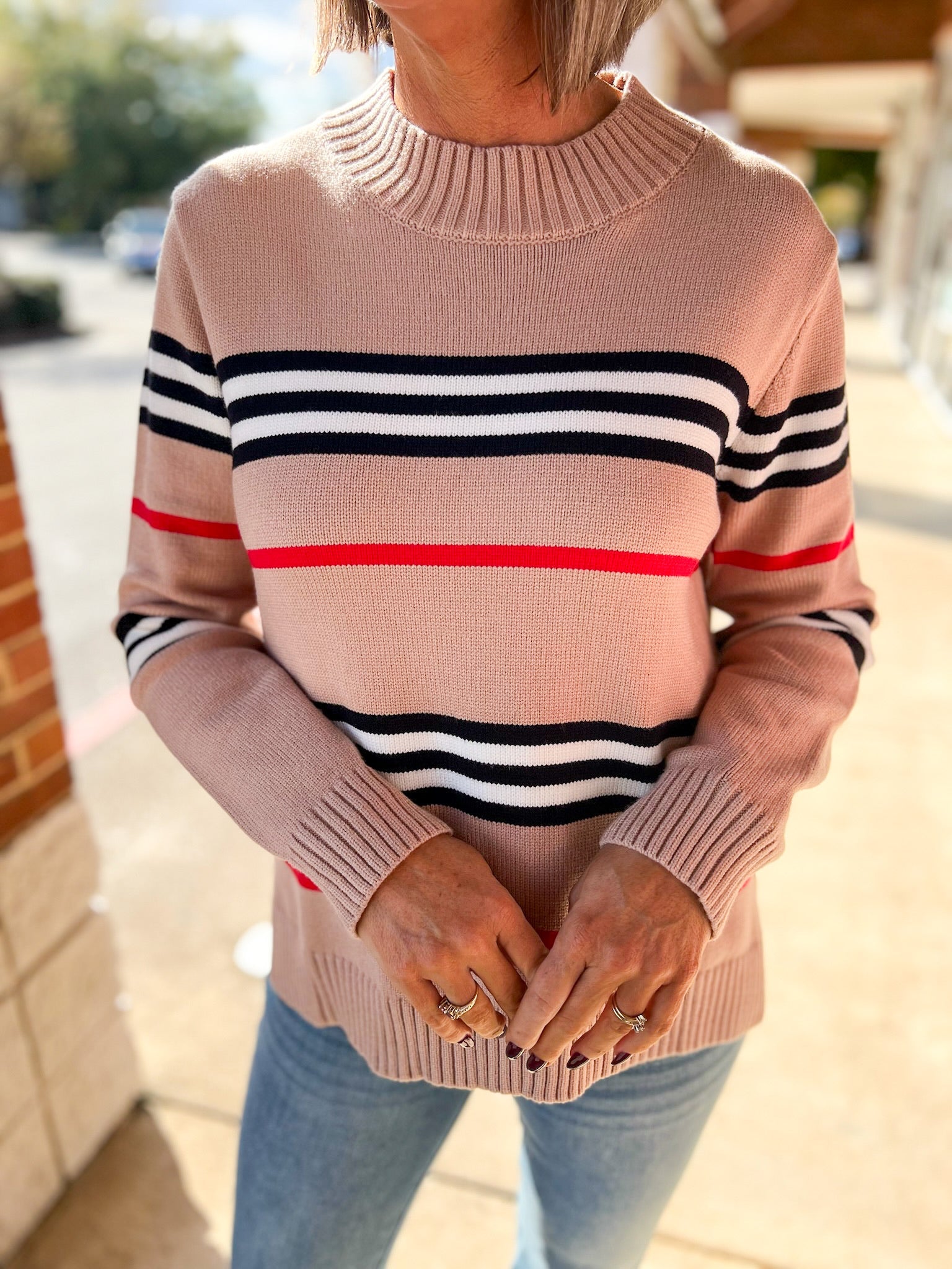 Mocha Striped Long Sleeve Crewneck Sweater - A'Bekah's Boutique
