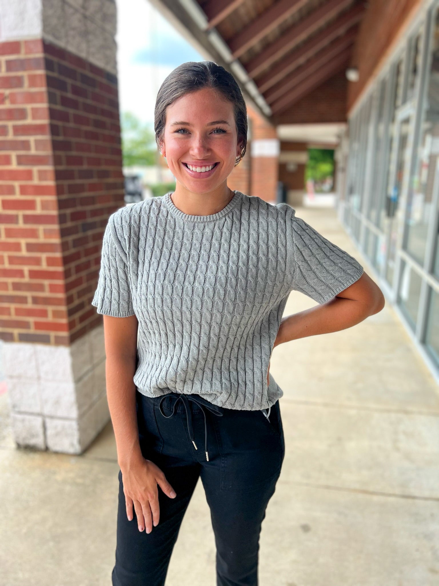 Move It Heather Gray Short Sleeve Cable Knit Sweater - A'Bekah's Boutique