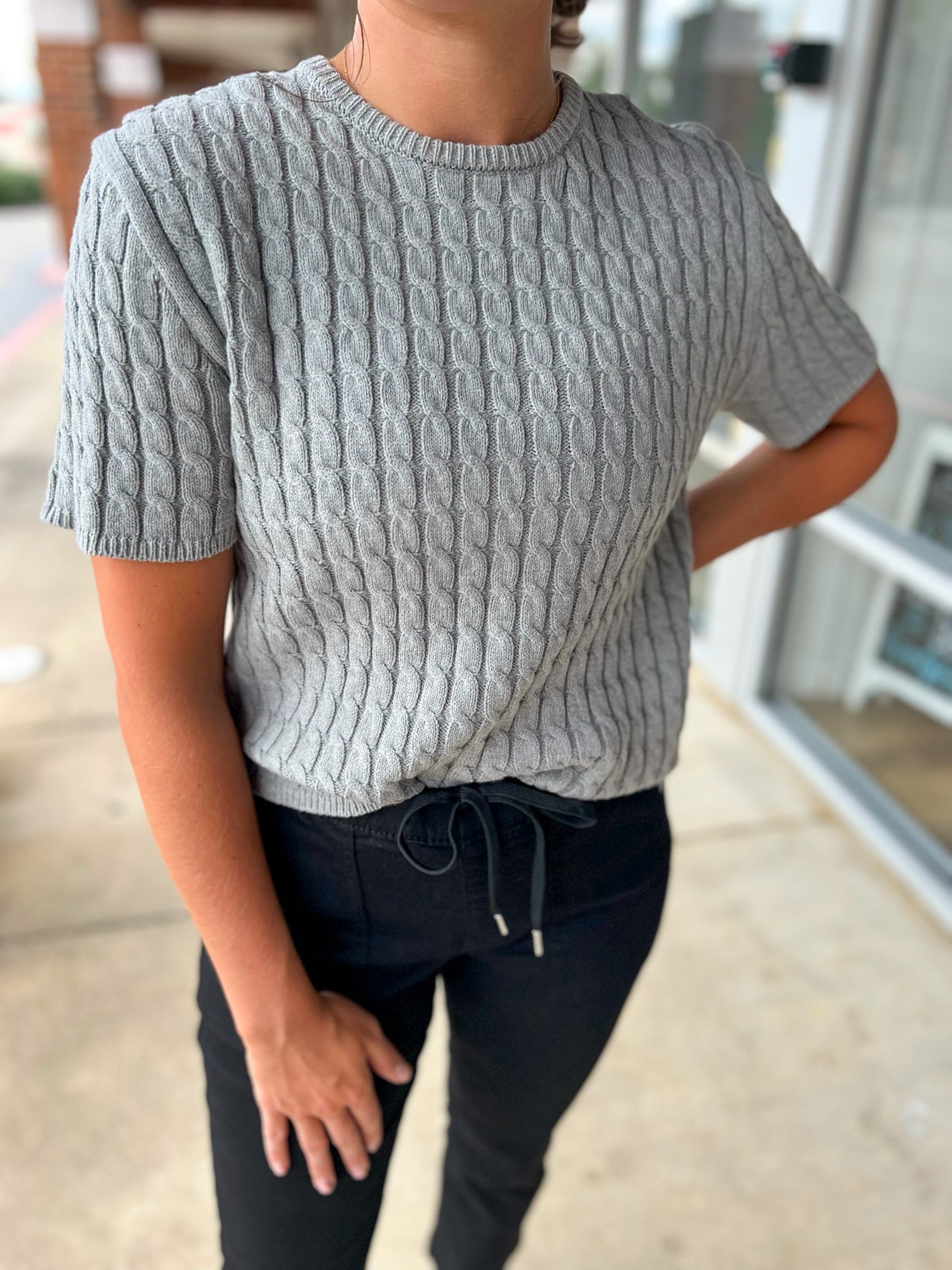 Move It Heather Gray Short Sleeve Cable Knit Sweater - A'Bekah's Boutique