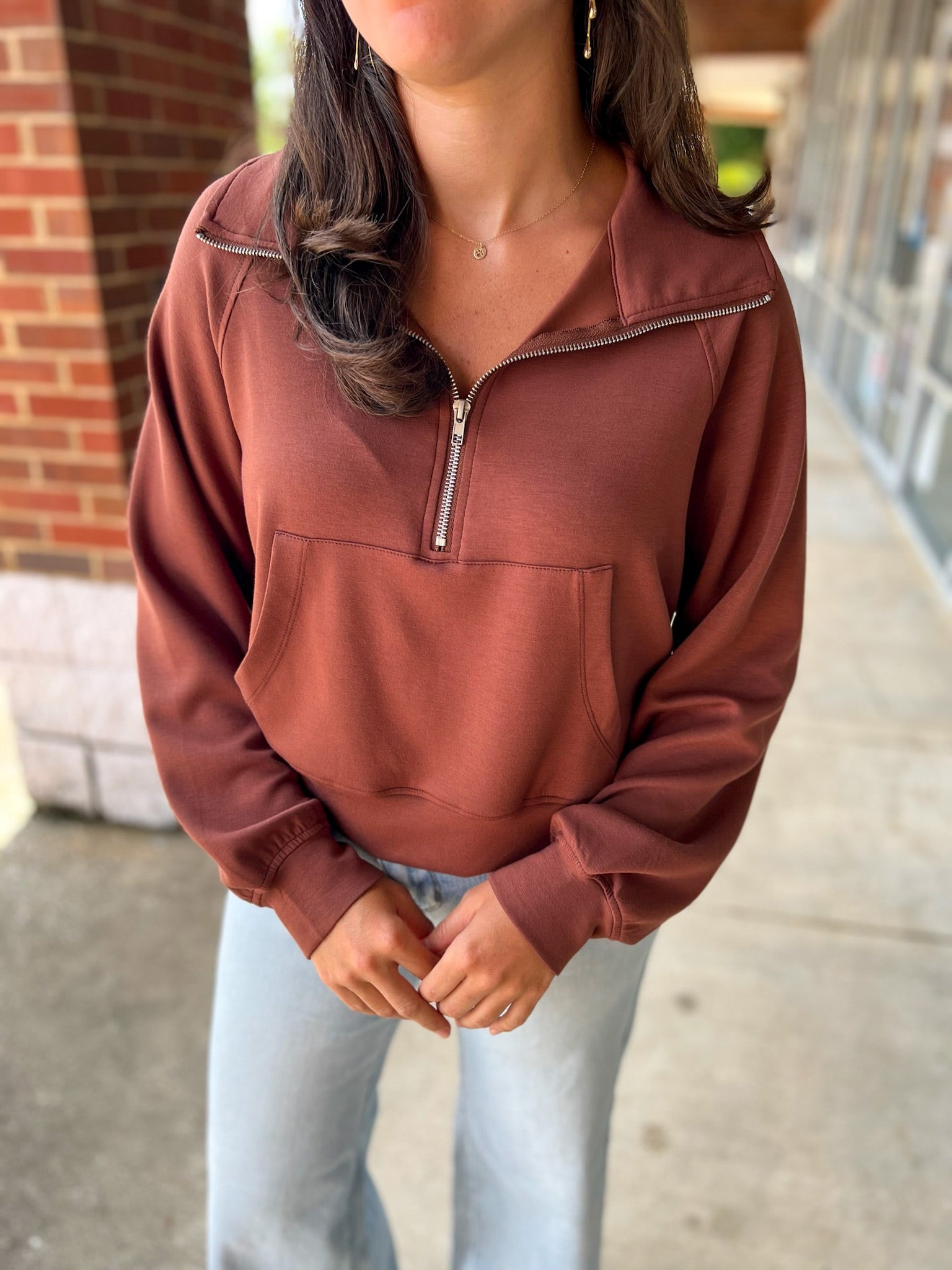Moving Forward Chestnut Brown Half Zip Sweatshirt - A'Bekah's Boutique