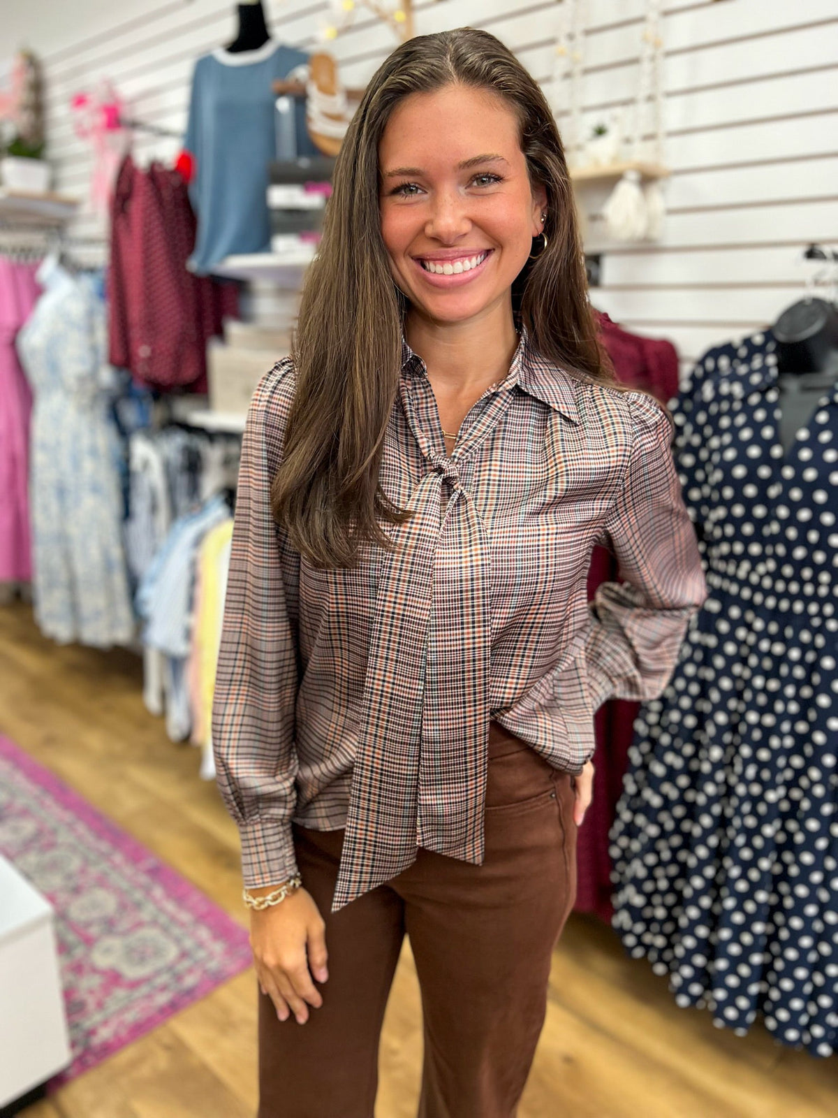 Mulitcolor Plaid Button Up Top with Self-Tie Neckline - A'Bekah's Boutique