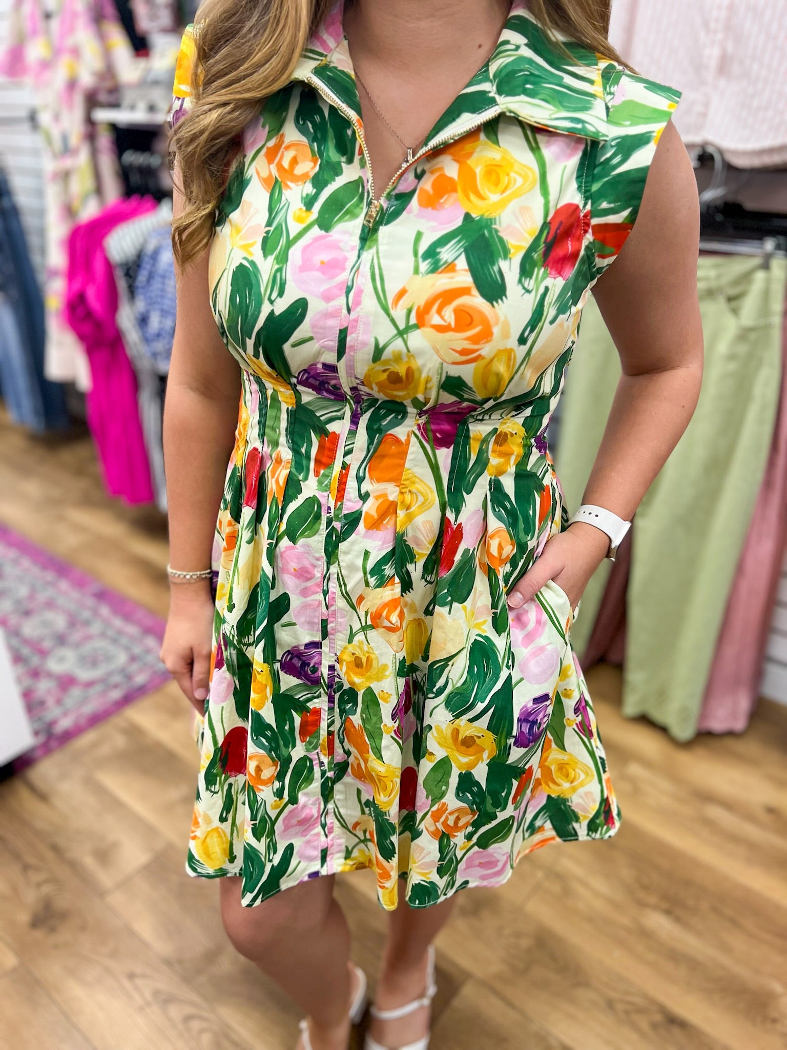 Multicolor Floral Zip Front Dress with Pockets - A'Bekah's Boutique