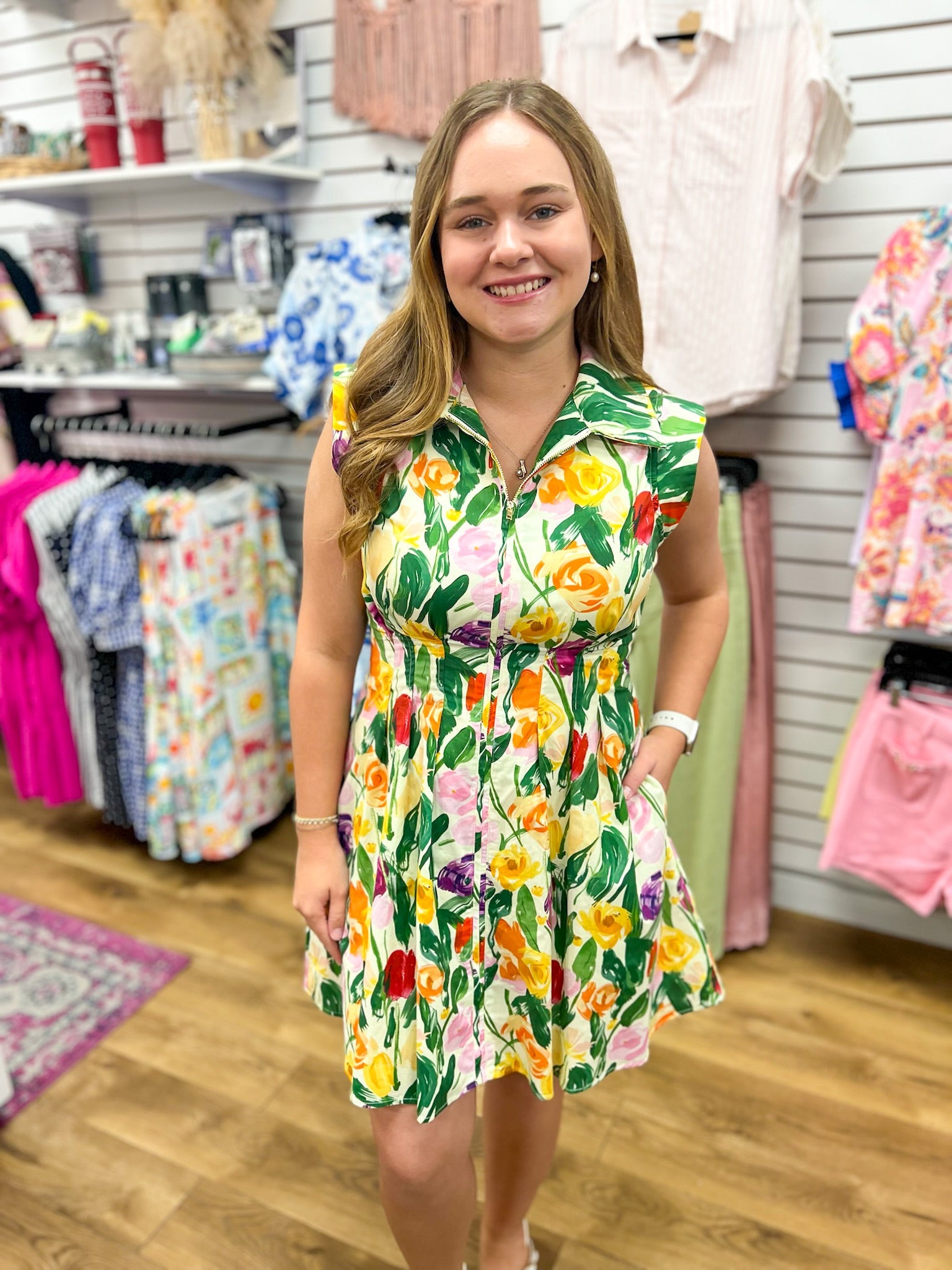 Multicolor Floral Zip Front Dress with Pockets - A'Bekah's Boutique
