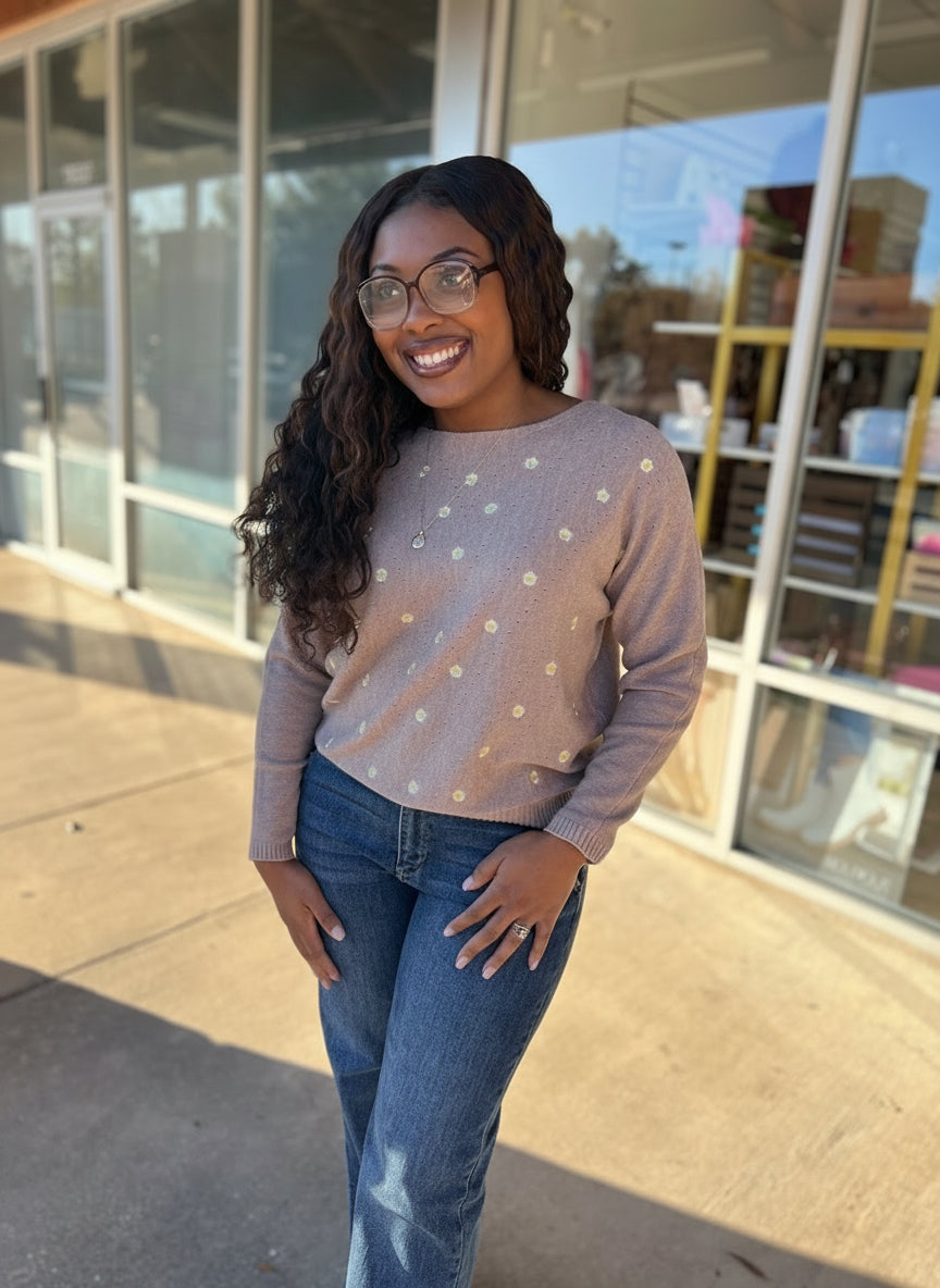 My Own Journey Heather Coco Soft Daisy Fine Gauge Embroidered Sweater - A'Bekah's Boutique