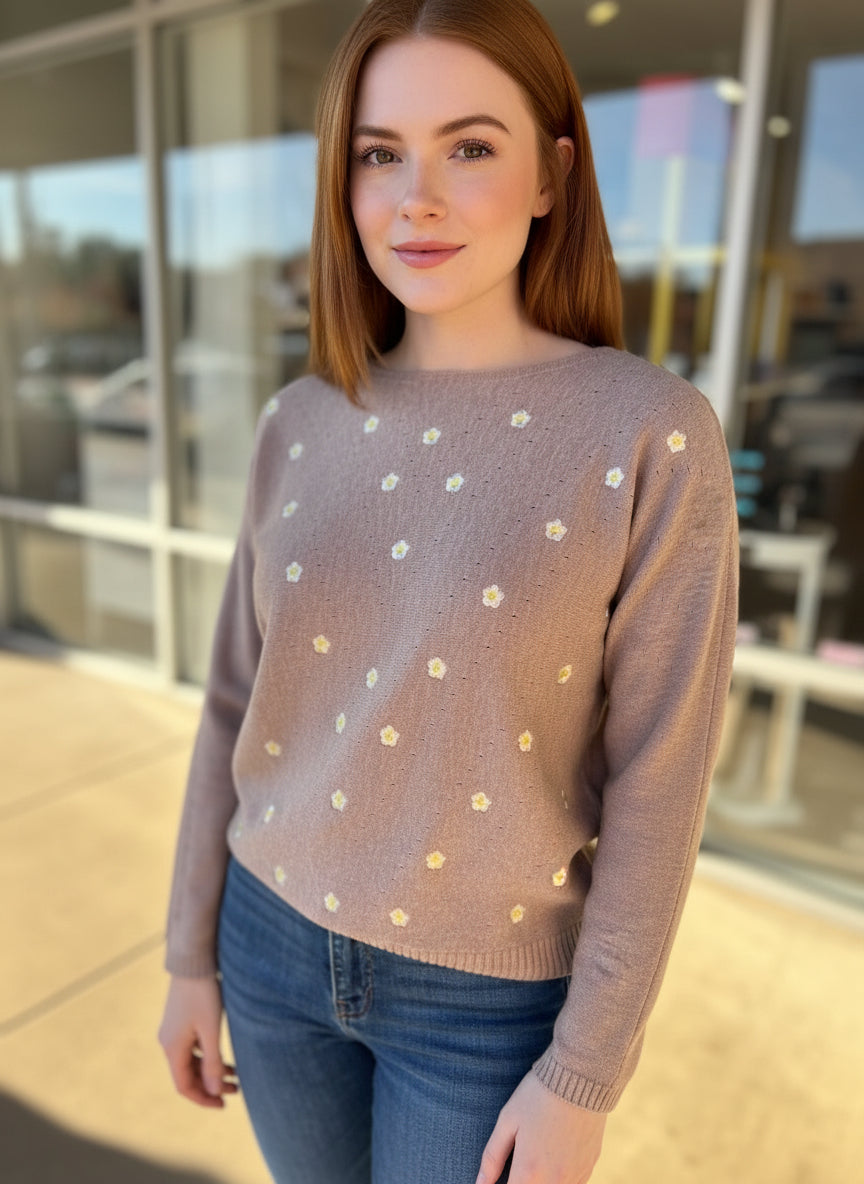 My Own Journey Heather Coco Soft Daisy Fine Gauge Embroidered Sweater - A'Bekah's Boutique