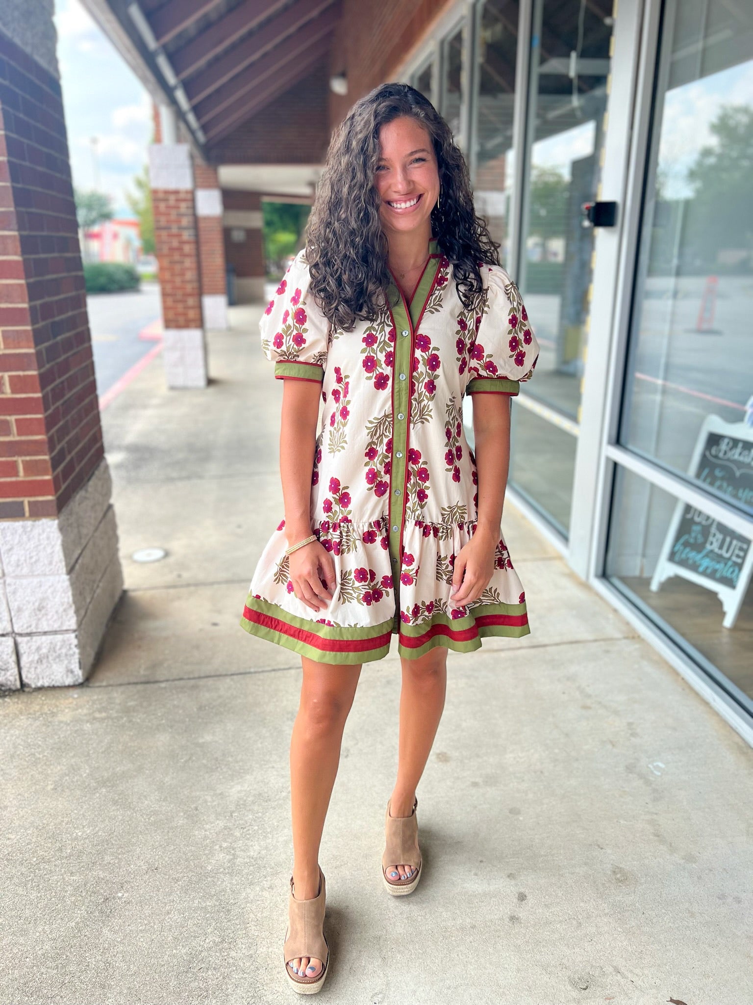 My Turn Ecru Floral Dress with Contrast Banding - A'Bekah's Boutique