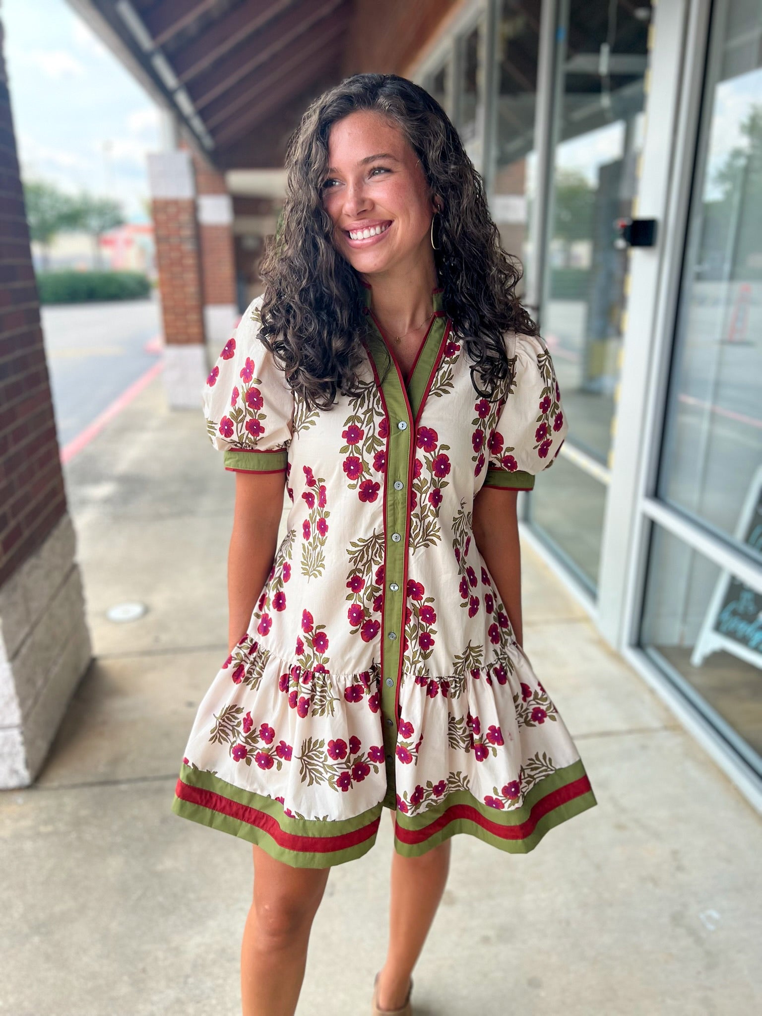 My Turn Ecru Floral Dress with Contrast Banding - A'Bekah's Boutique