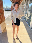Natural Linen Blend Pinstripe Button Up Top - A'Bekah's Boutique