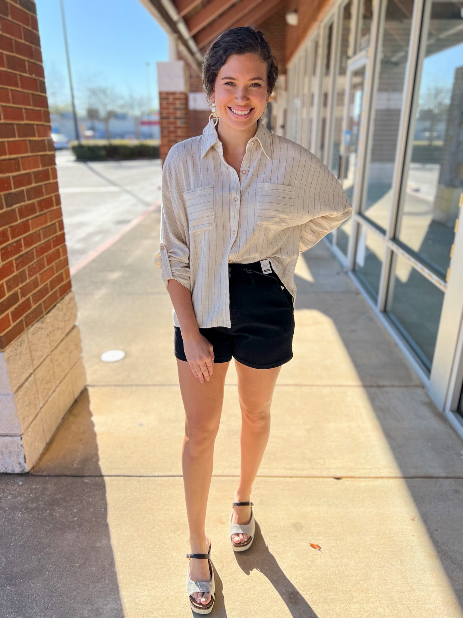 Natural Linen Blend Pinstripe Button Up Top - A'Bekah's Boutique
