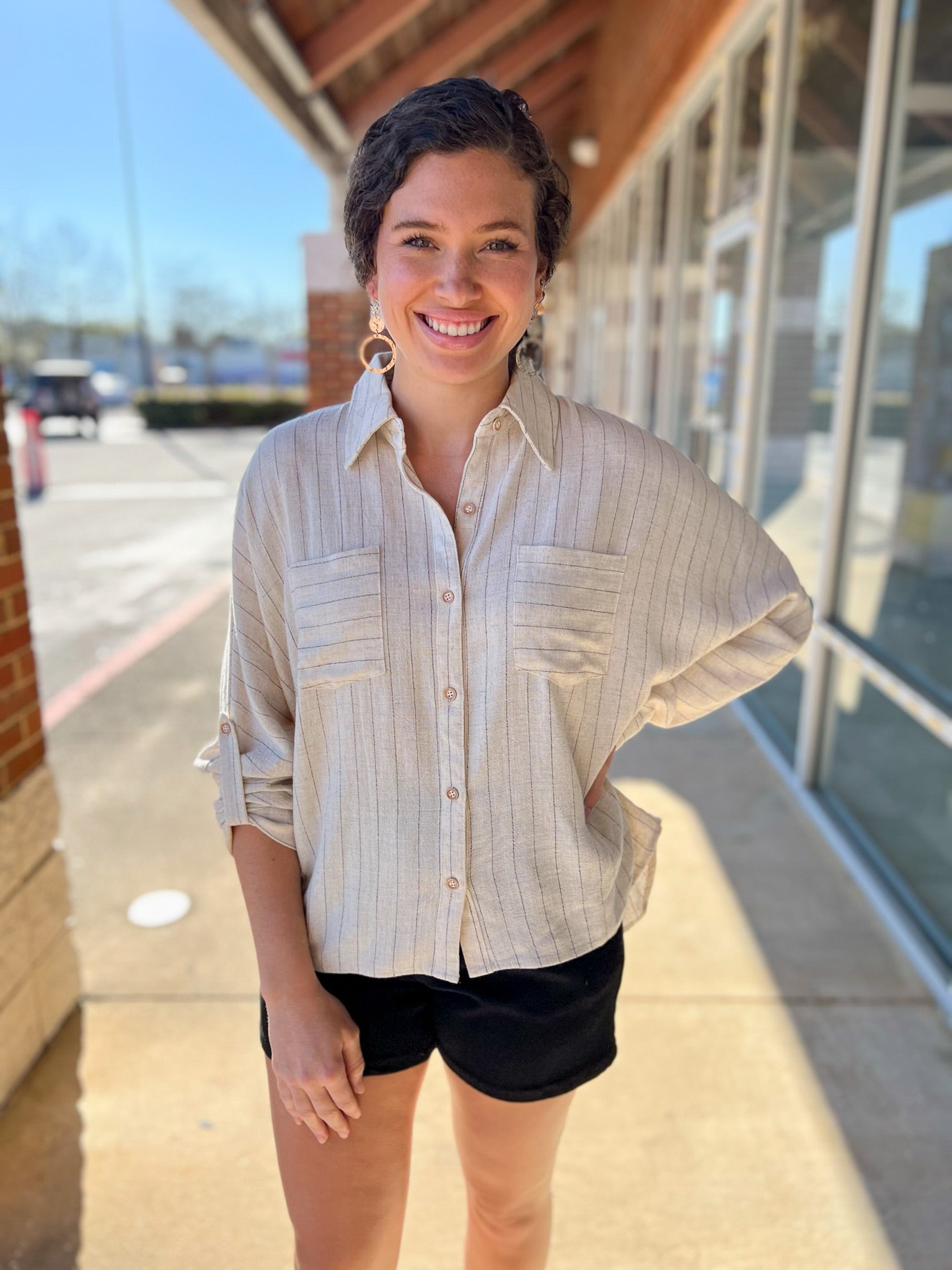 Natural Linen Blend Pinstripe Button Up Top - A'Bekah's Boutique