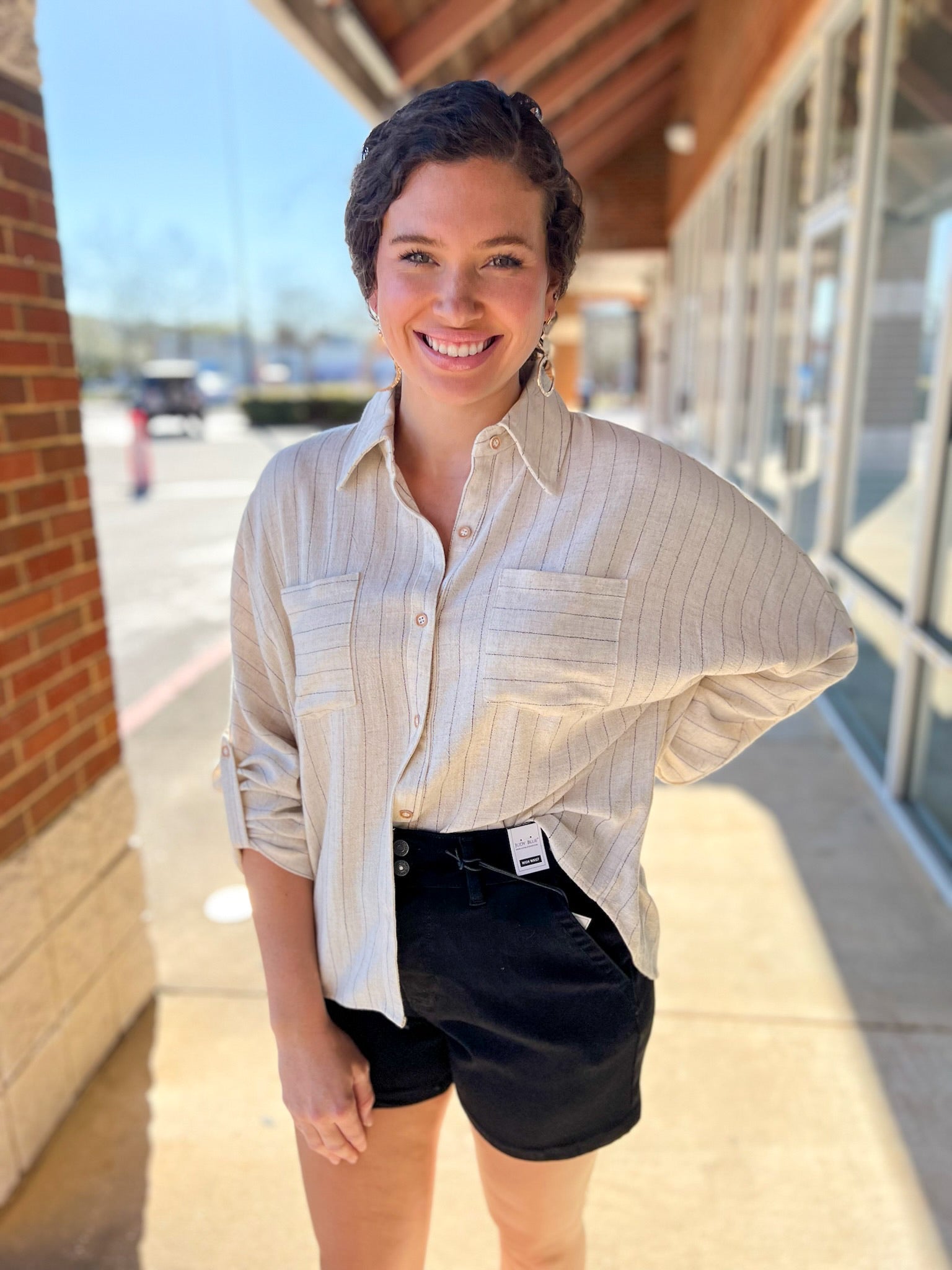 Natural Linen Blend Pinstripe Button Up Top - A'Bekah's Boutique