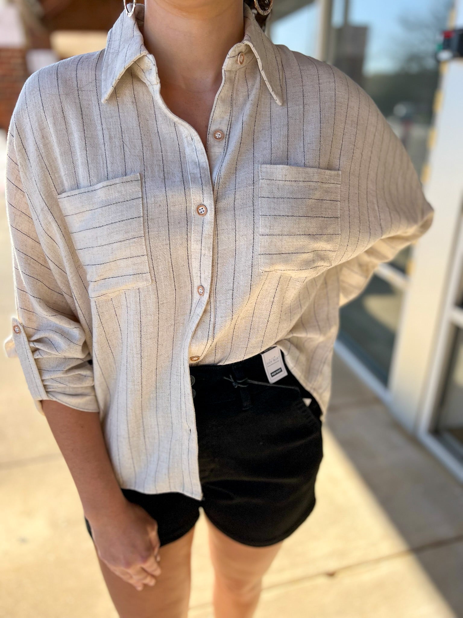 Natural Linen Blend Pinstripe Button Up Top - A'Bekah's Boutique