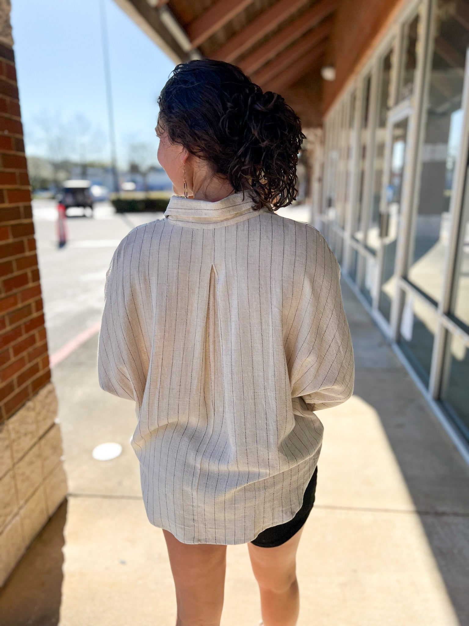 Natural Linen Blend Pinstripe Button Up Top - A'Bekah's Boutique