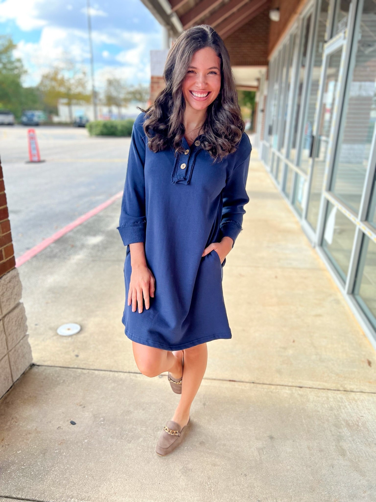Navy 3/4 Sleeve Knit Collared Dress with Pockets - A'Bekah's Boutique