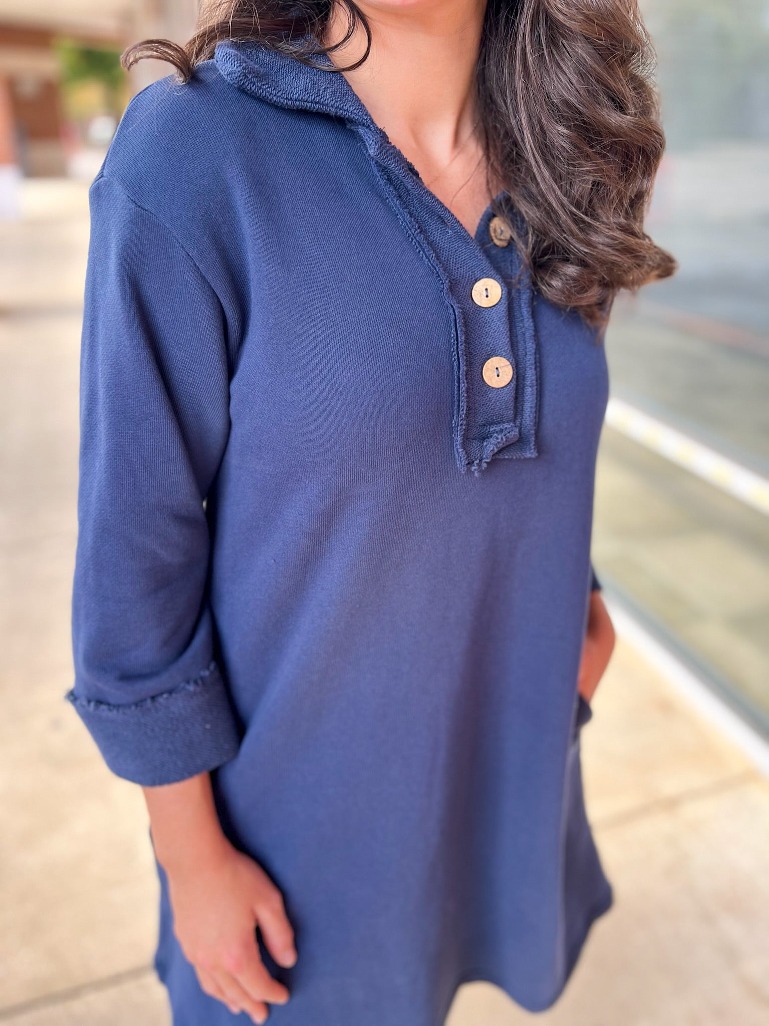 Navy 3/4 Sleeve Knit Collared Dress with Pockets - A'Bekah's Boutique