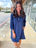Navy 3/4 Sleeve Knit Collared Dress with Pockets - A'Bekah's Boutique