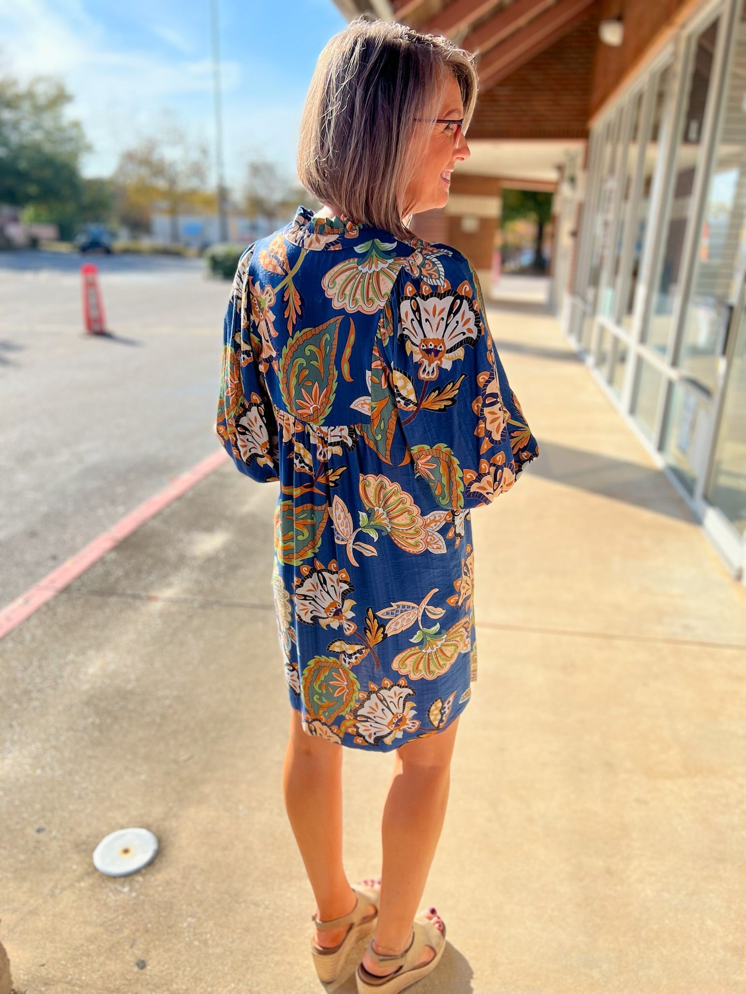 Navy Abstract Print 3/4 Sleeve Babydoll V - Neck Dress - A'Bekah's Boutique