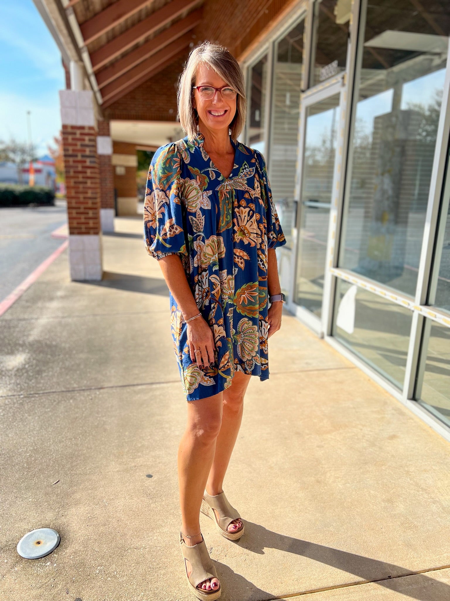 Navy Abstract Print 3/4 Sleeve Babydoll V - Neck Dress - A'Bekah's Boutique