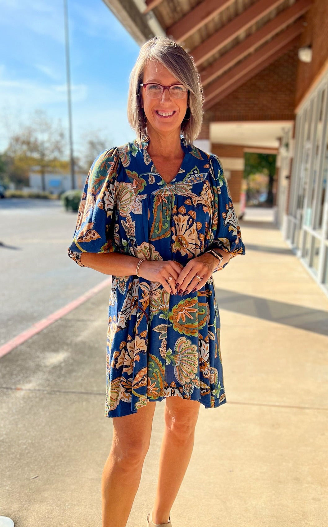 Navy Abstract Print 3/4 Sleeve Babydoll V - Neck Dress - A'Bekah's Boutique