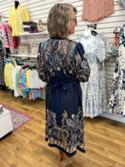 Navy Abstract Print V-Neck Midi Dress with Tie Waist - A'Bekah's Boutique