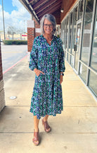Navy and Green 3/4 Sleeve Tiered Midi Dress - A'Bekah's Boutique