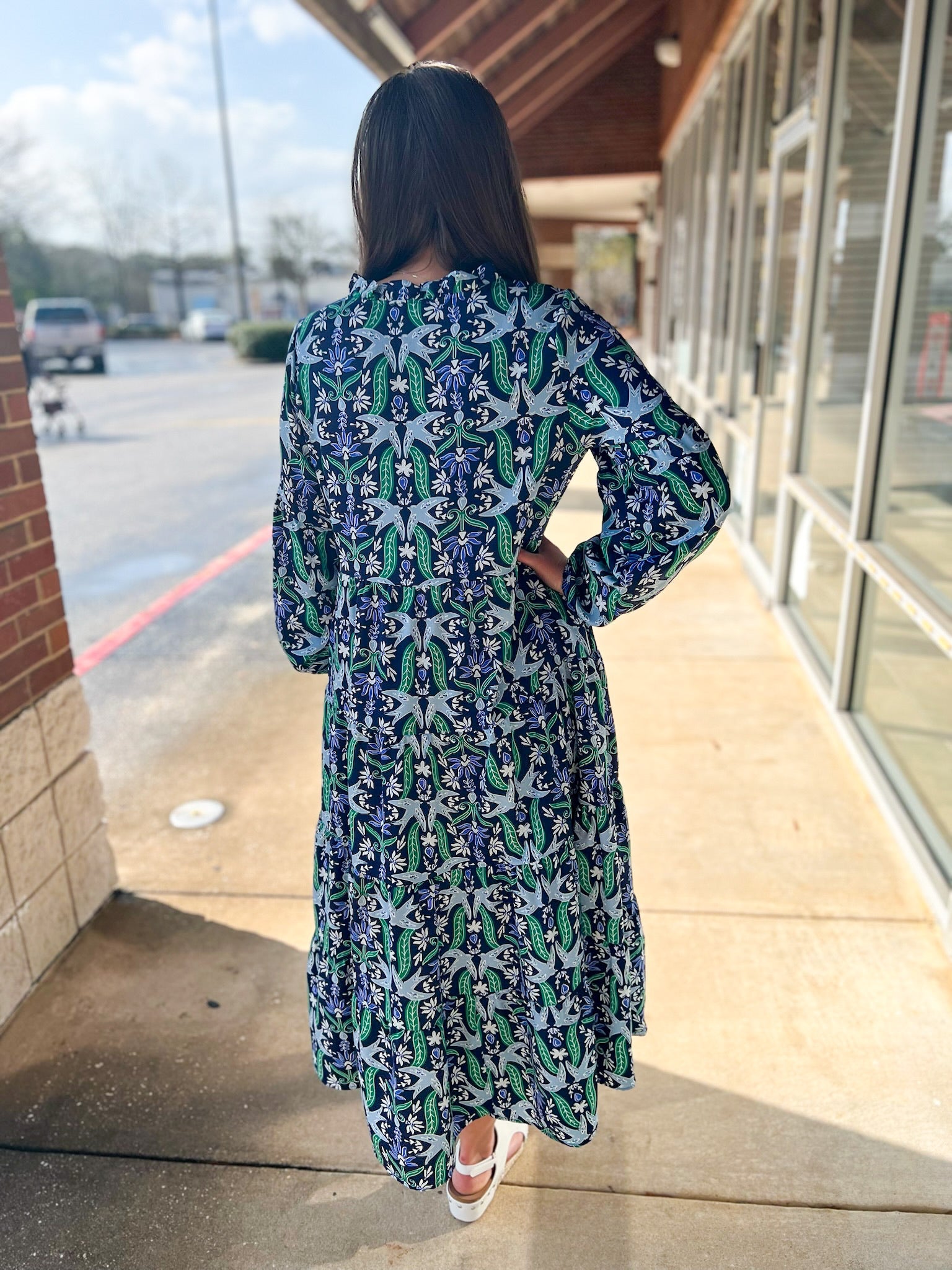 Navy and Green 3/4 Sleeve Tiered Midi Dress - A'Bekah's Boutique