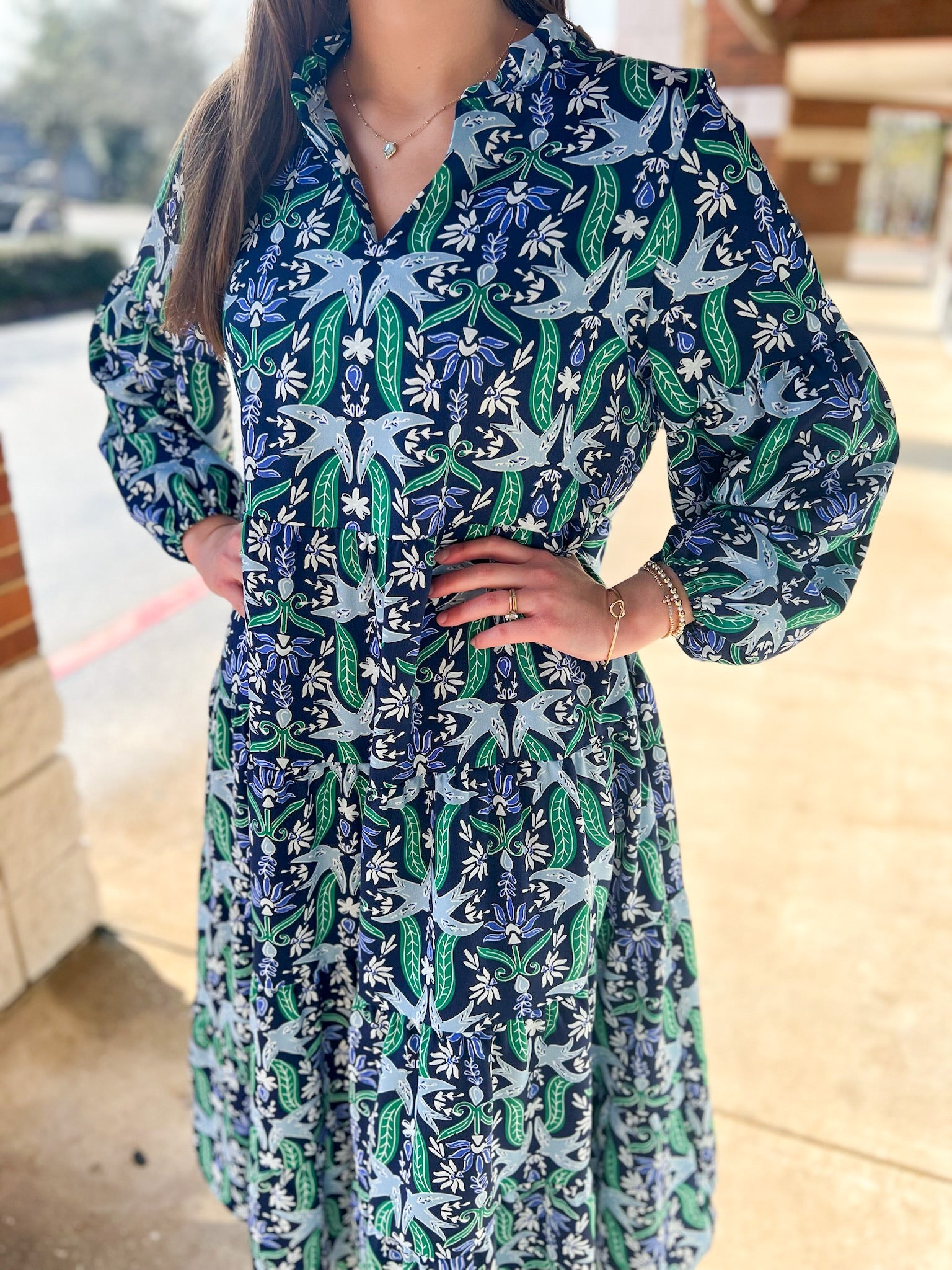 Navy and Green 3/4 Sleeve Tiered Midi Dress - A'Bekah's Boutique