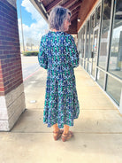 Navy and Green 3/4 Sleeve Tiered Midi Dress - A'Bekah's Boutique