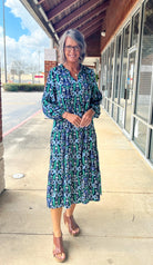 Navy and Green 3/4 Sleeve Tiered Midi Dress - A'Bekah's Boutique