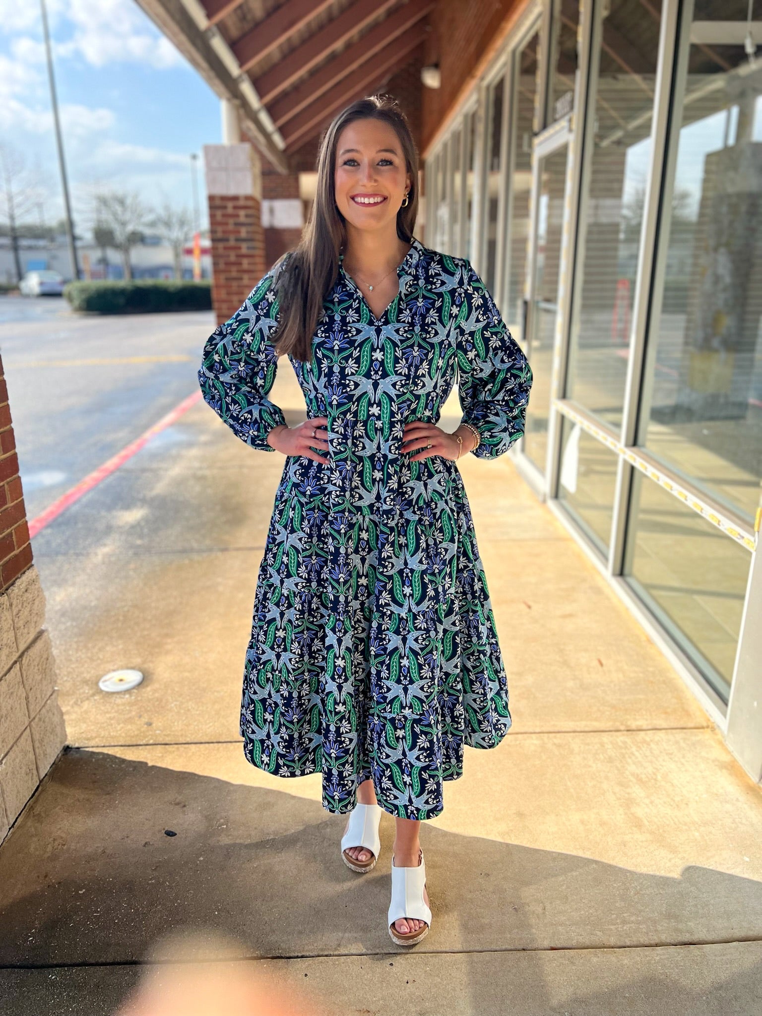 Navy and Green 3/4 Sleeve Tiered Midi Dress - A'Bekah's Boutique
