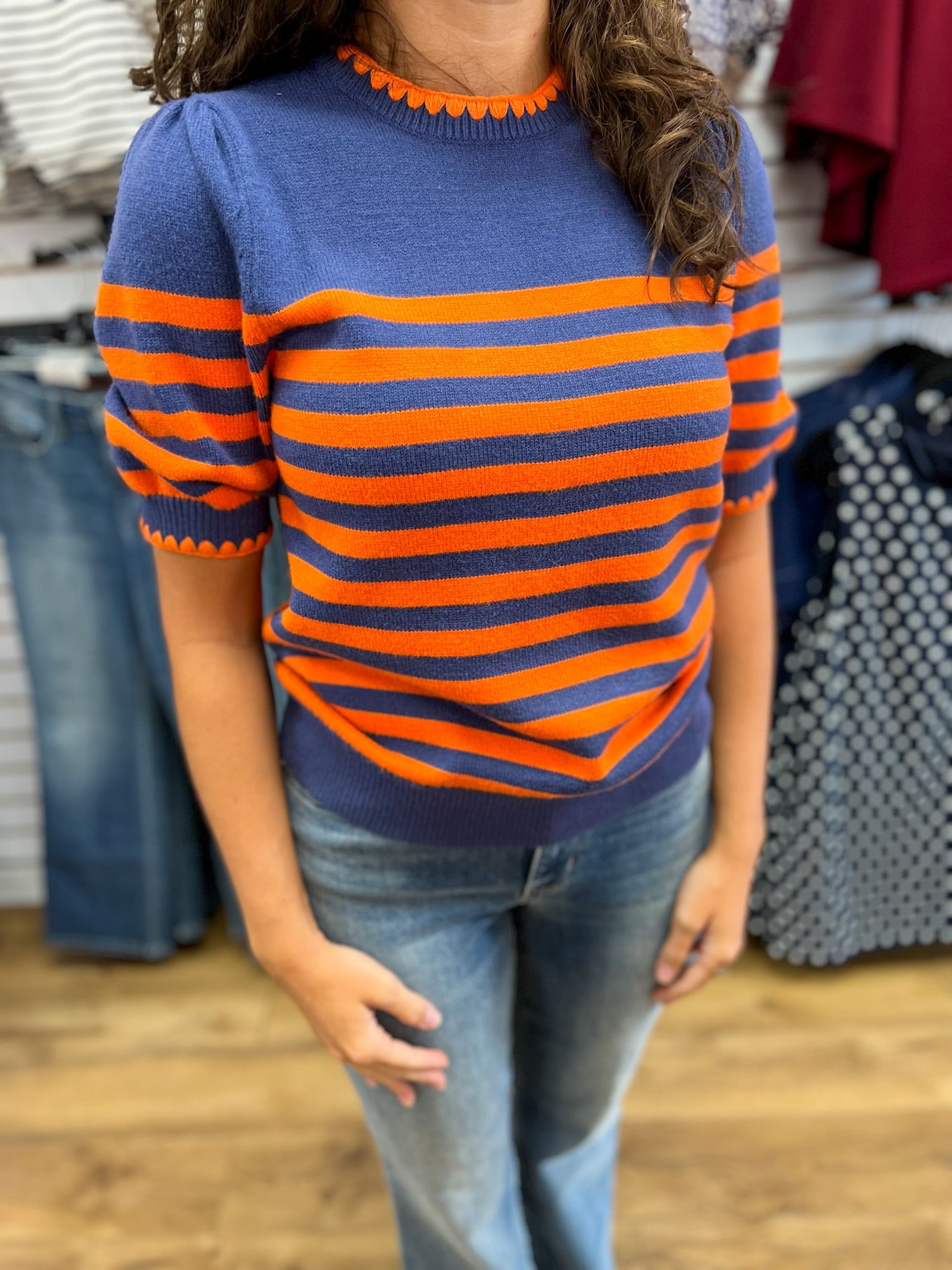 Navy and Orange Striped Sweater with Short Puff Sleeves - A'Bekah's Boutique