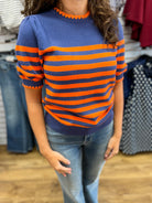 Navy and Orange Striped Sweater with Short Puff Sleeves - A'Bekah's Boutique