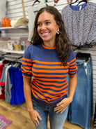 Navy and Orange Striped Sweater with Short Puff Sleeves - A'Bekah's Boutique