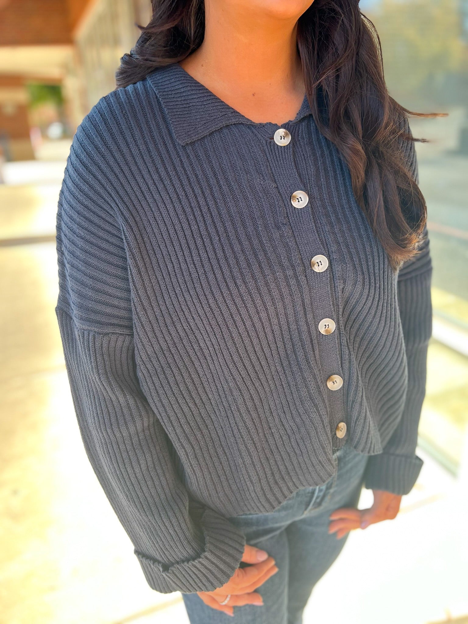 Navy Button Down Long Sleeve Sweater - A'Bekah's Boutique