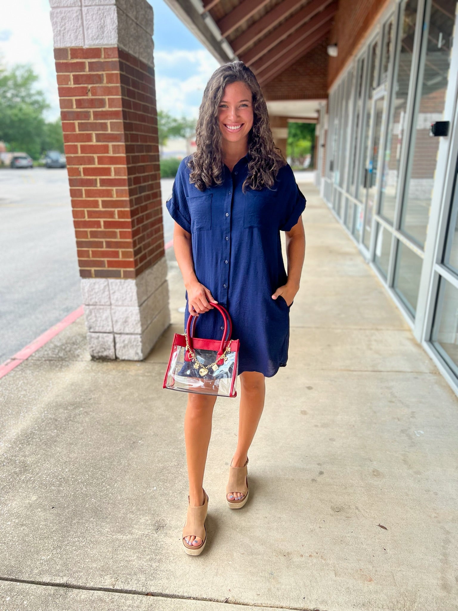 Navy Button Down Short Sleeve Shirt Dress - A'Bekah's Boutique