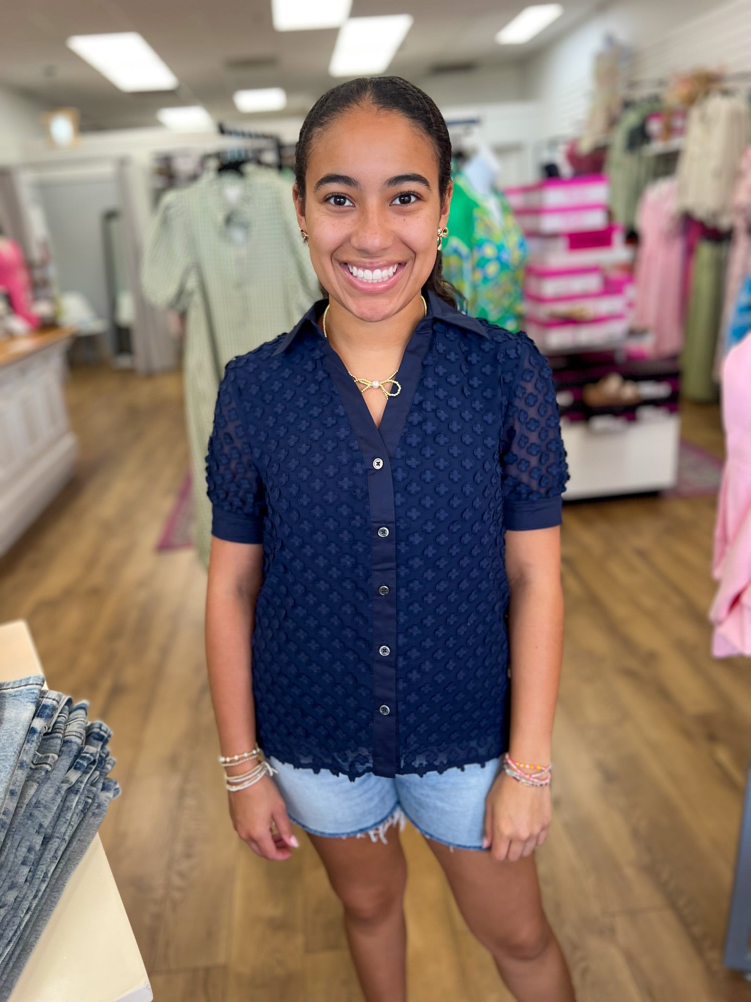 Navy Button Down Top with 3D Appliques - A'Bekah's Boutique