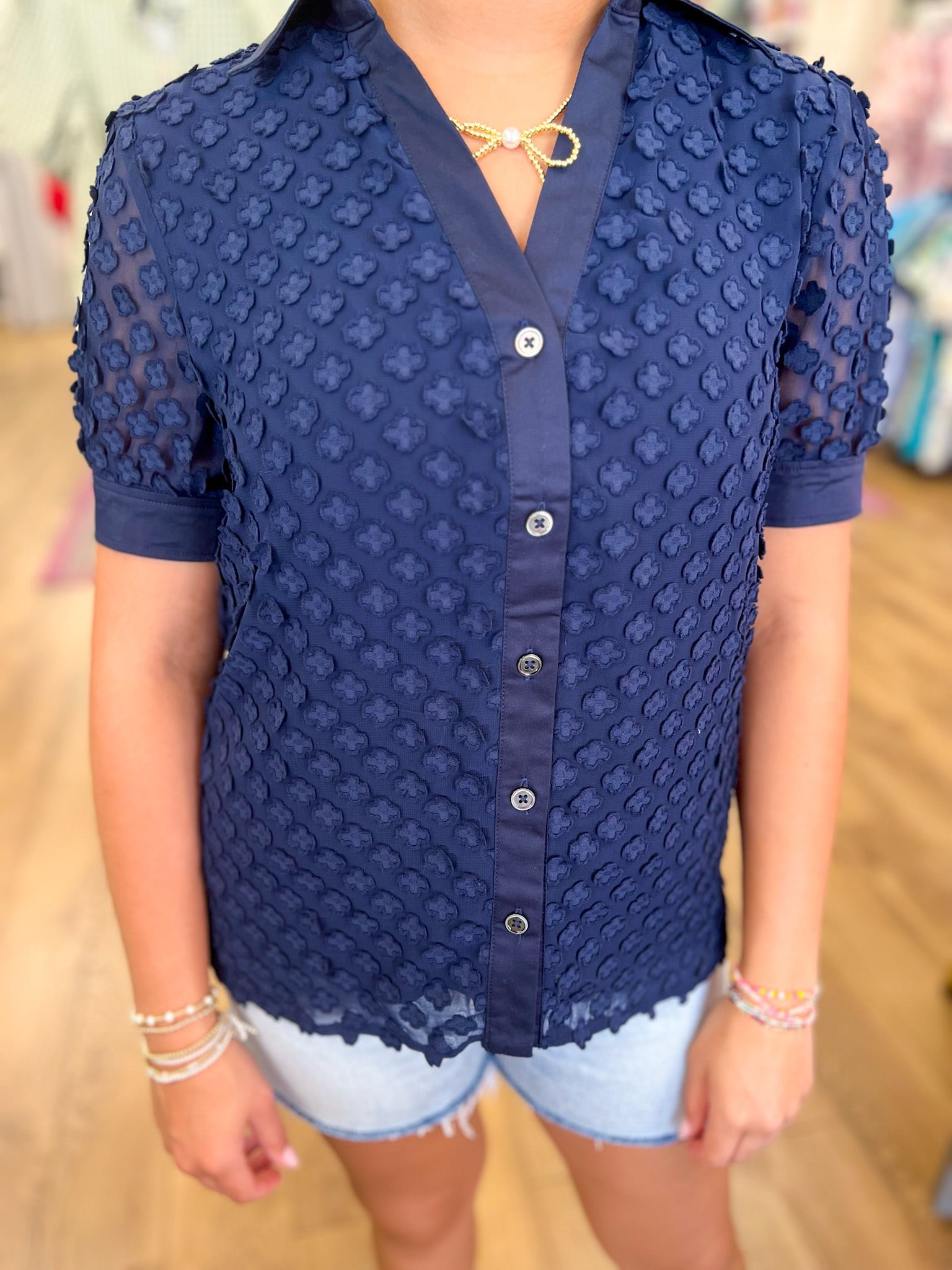 Navy Button Down Top with 3D Appliques - A'Bekah's Boutique