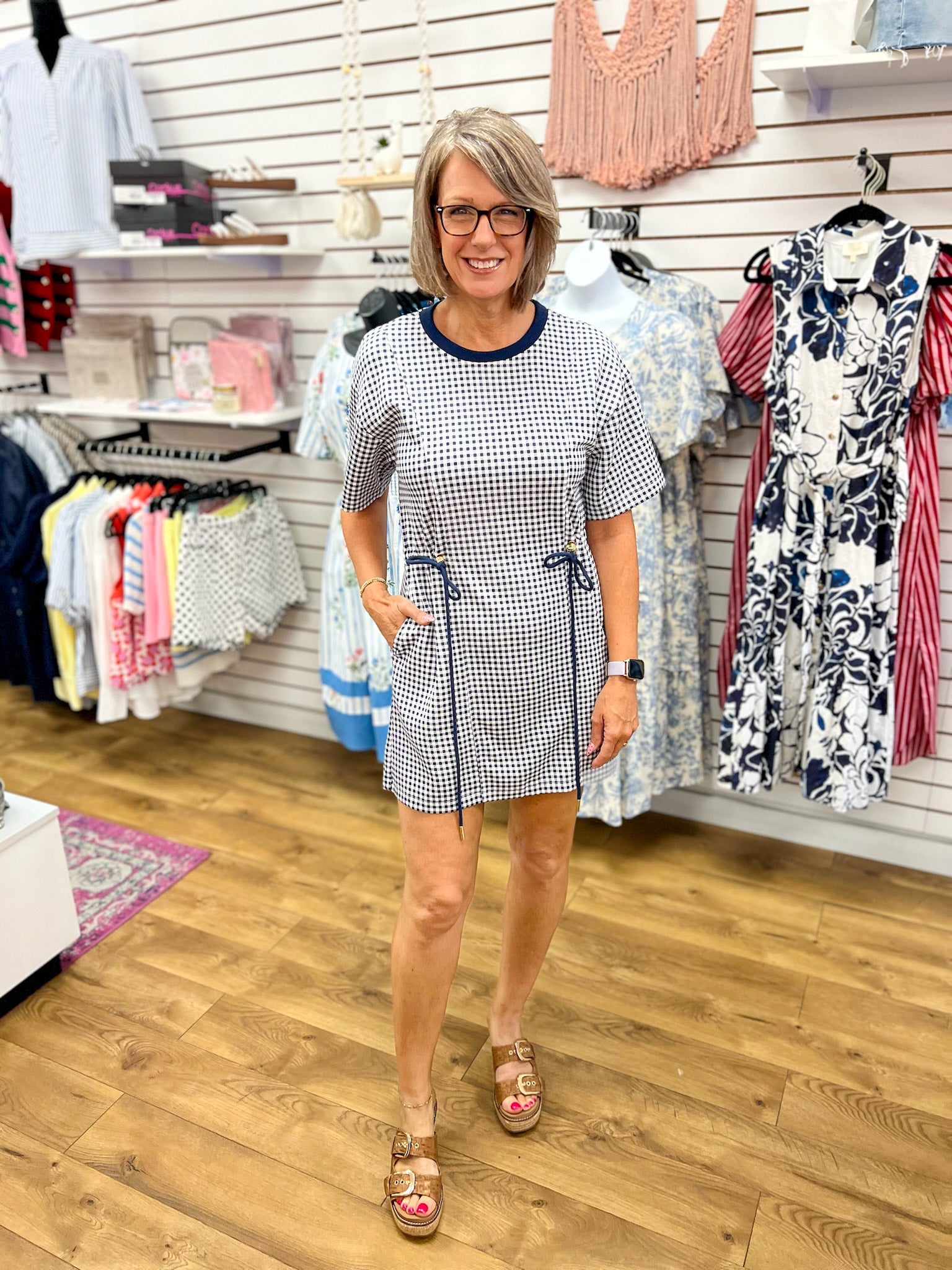 Navy Check Print Drawstring Dress with Pockets - A'Bekah's Boutique