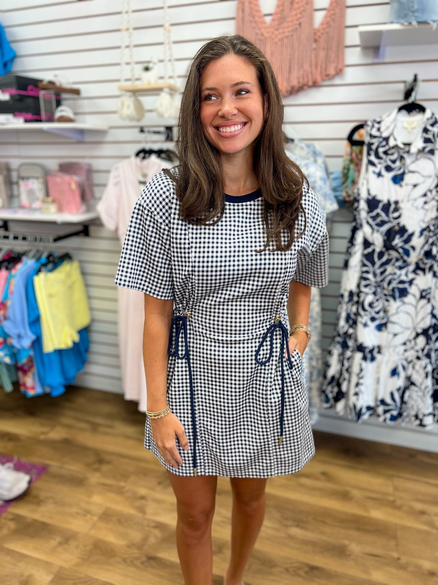 Navy Check Print Drawstring Dress with Pockets - A'Bekah's Boutique