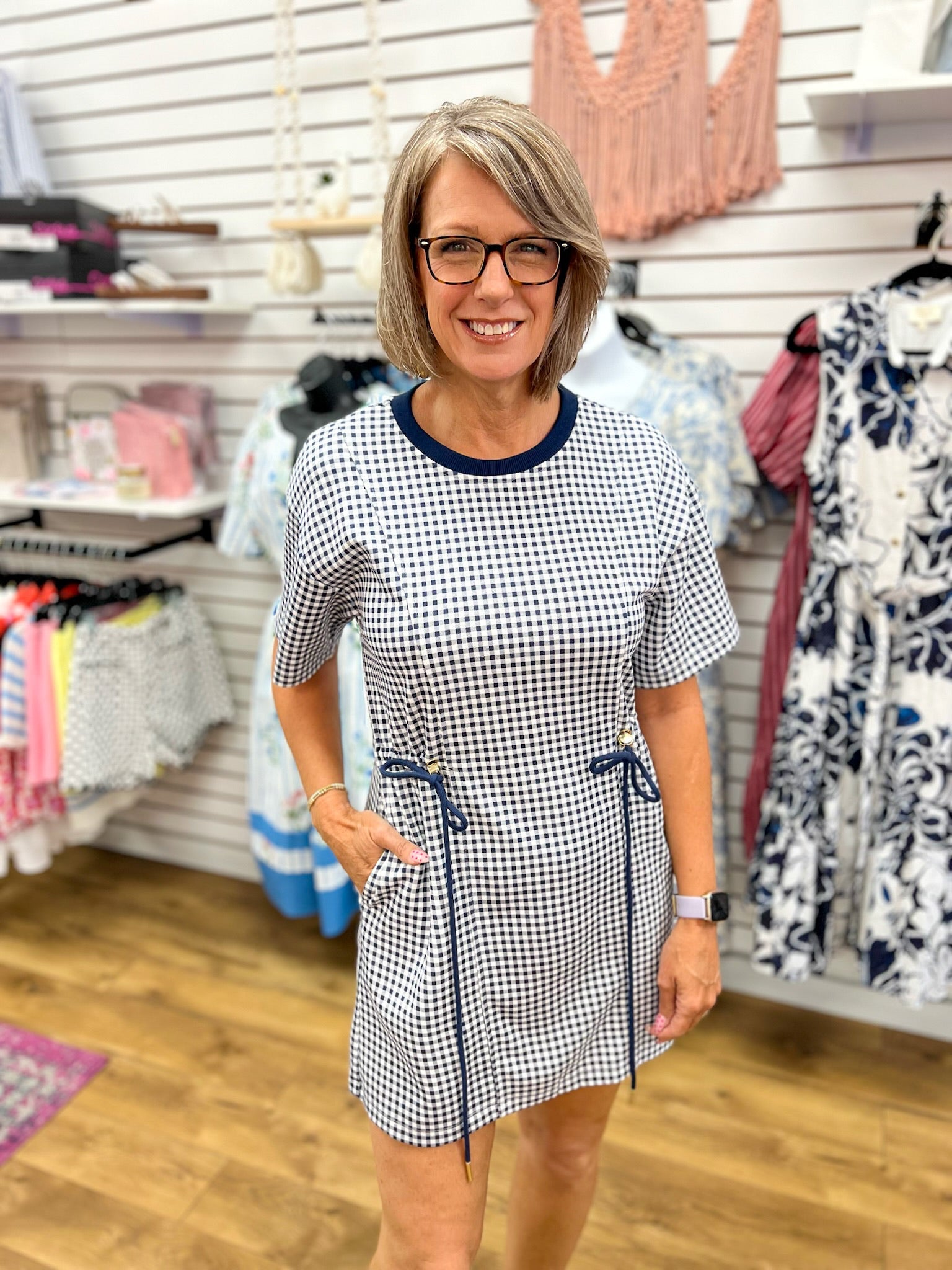 Navy Check Print Drawstring Dress with Pockets - A'Bekah's Boutique