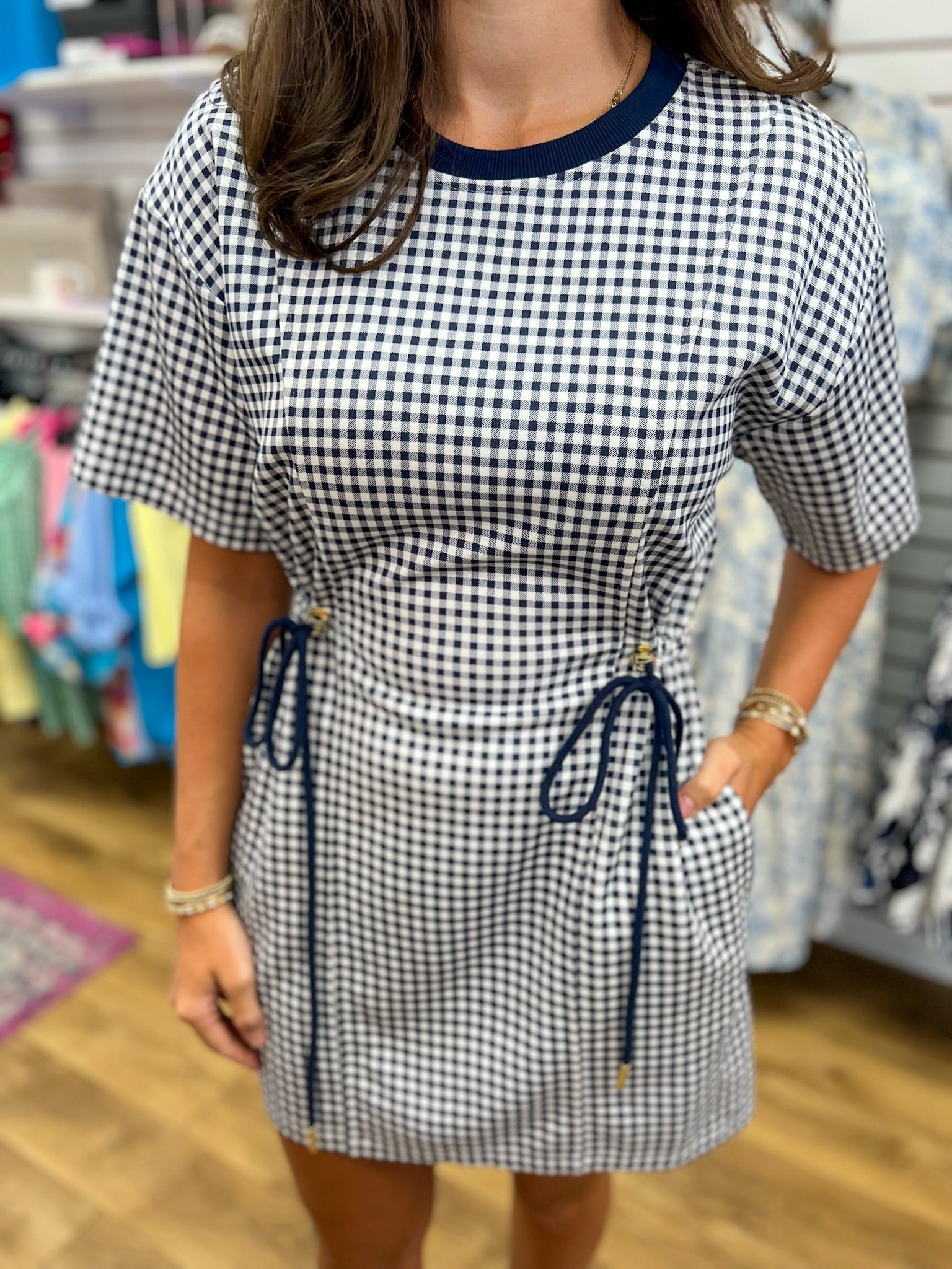 Navy Check Print Drawstring Dress with Pockets - A'Bekah's Boutique