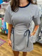 Navy Check Print Drawstring Dress with Pockets - A'Bekah's Boutique