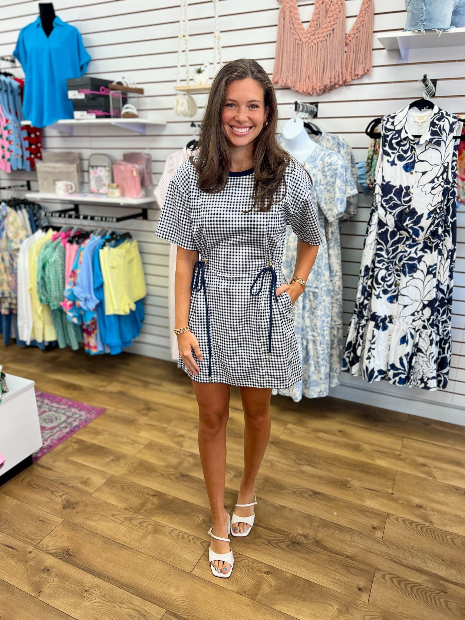 Navy Check Print Drawstring Dress with Pockets - A'Bekah's Boutique