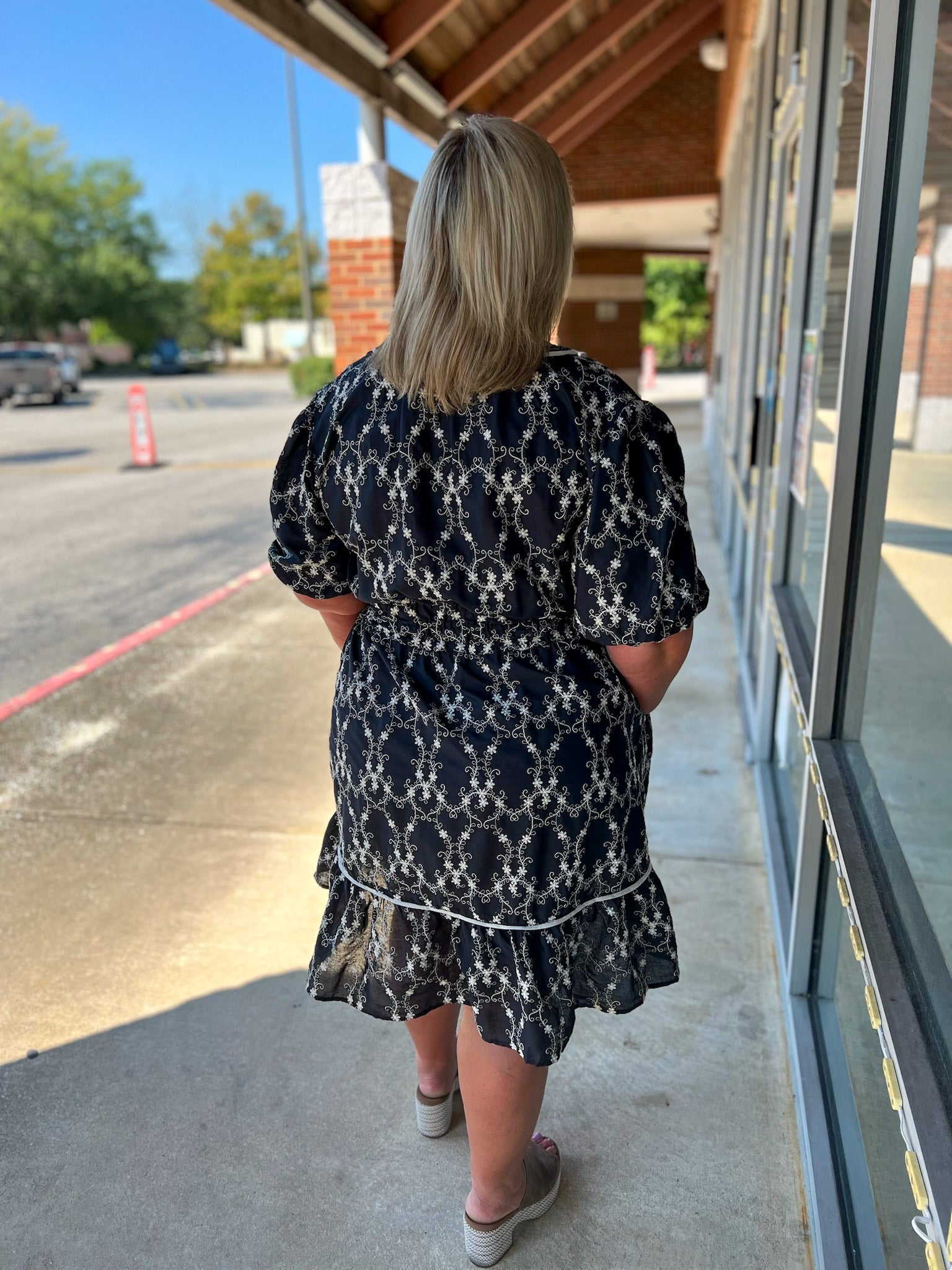 Navy Curvy Embroidered Short Sleeve V - Neck Dress - A'Bekah's Boutique