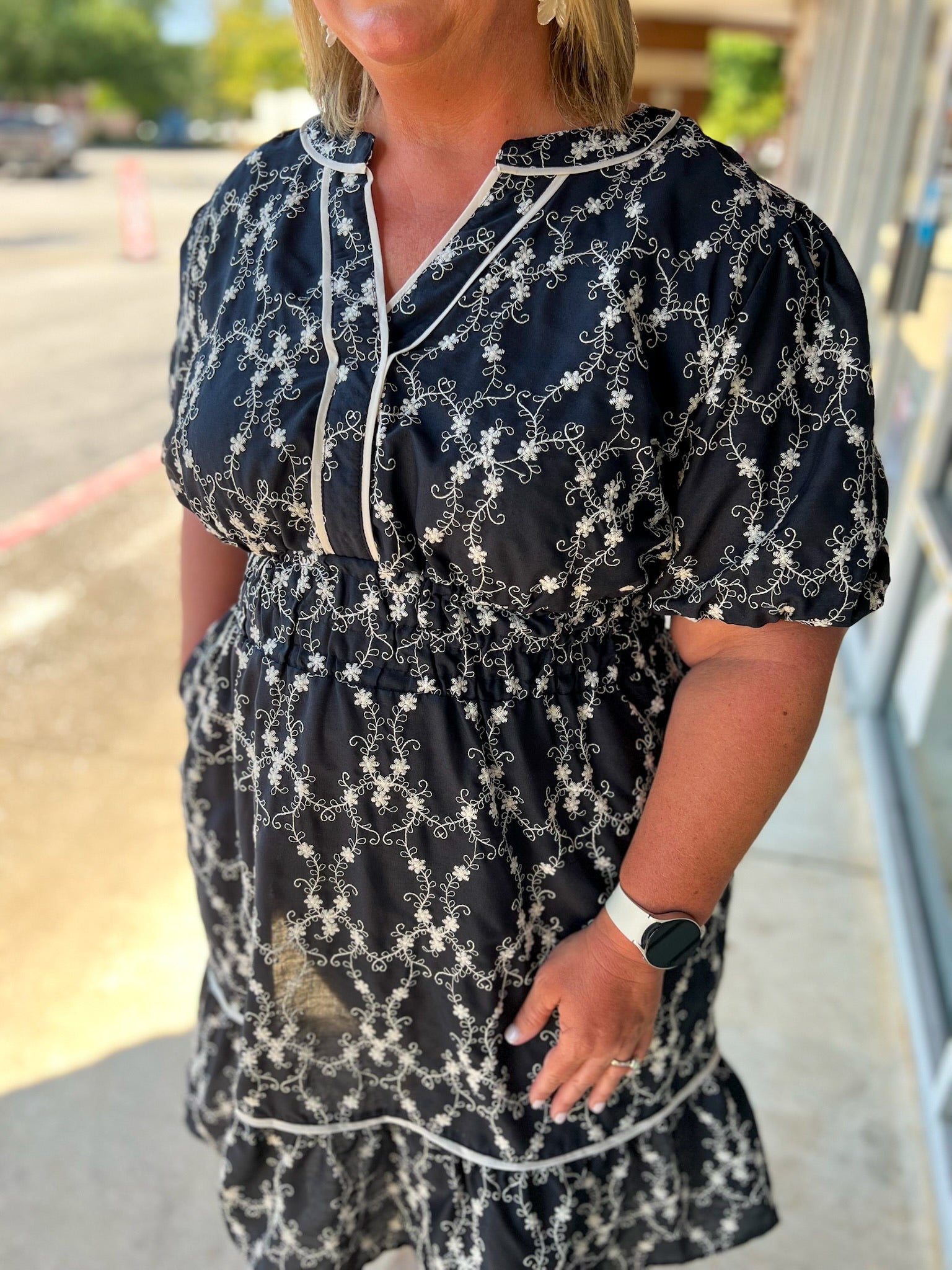 Navy Curvy Embroidered Short Sleeve V - Neck Dress - A'Bekah's Boutique