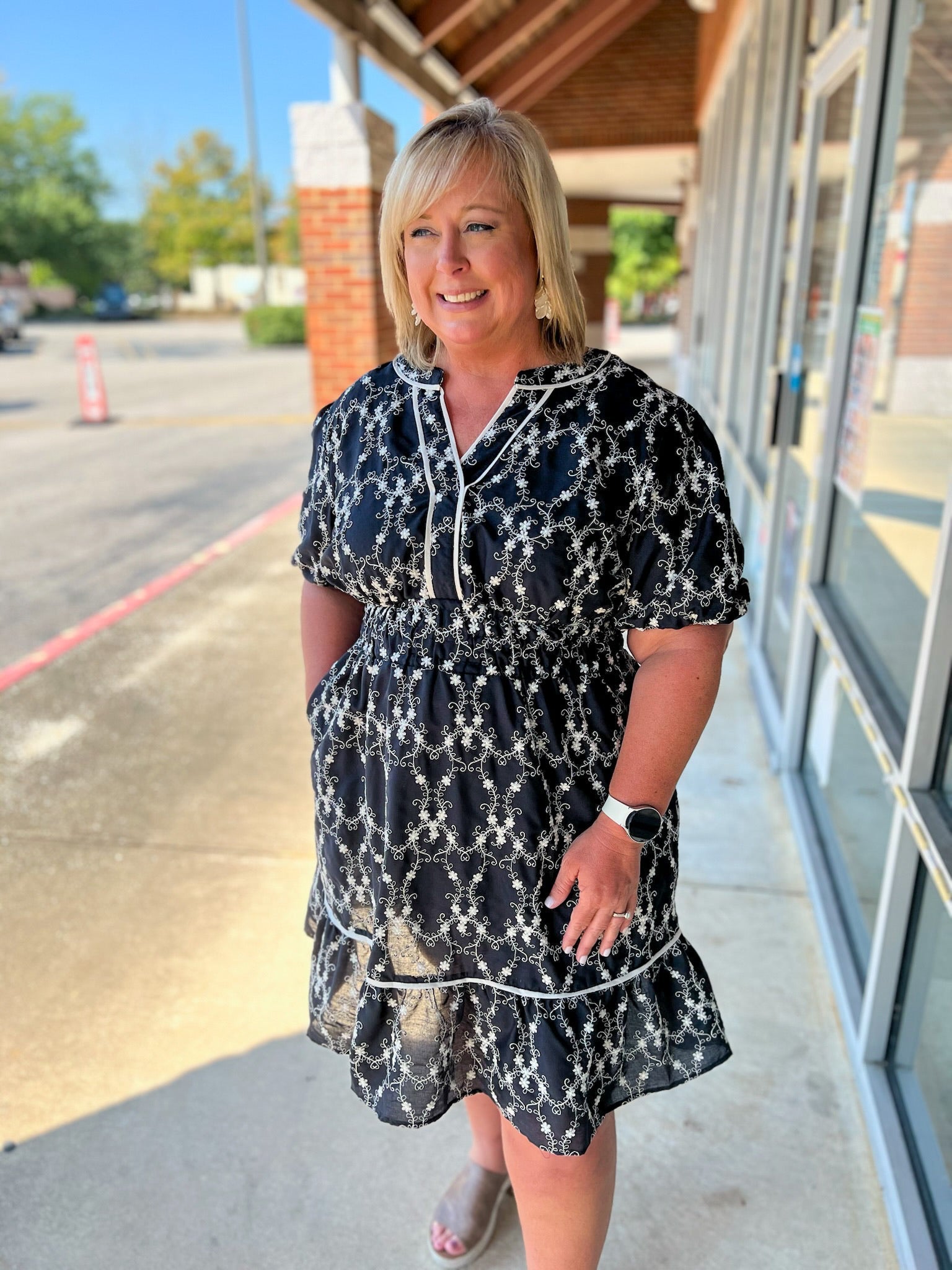 Navy Curvy Embroidered Short Sleeve V - Neck Dress - A'Bekah's Boutique