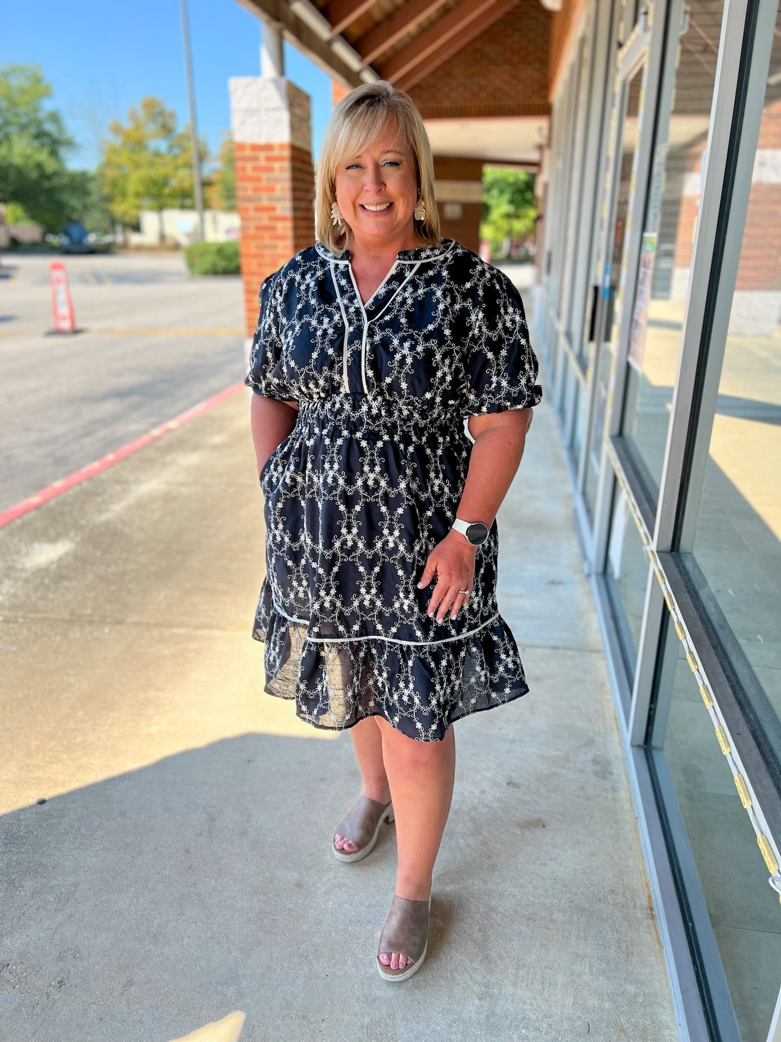 Navy Curvy Embroidered Short Sleeve V - Neck Dress - A'Bekah's Boutique